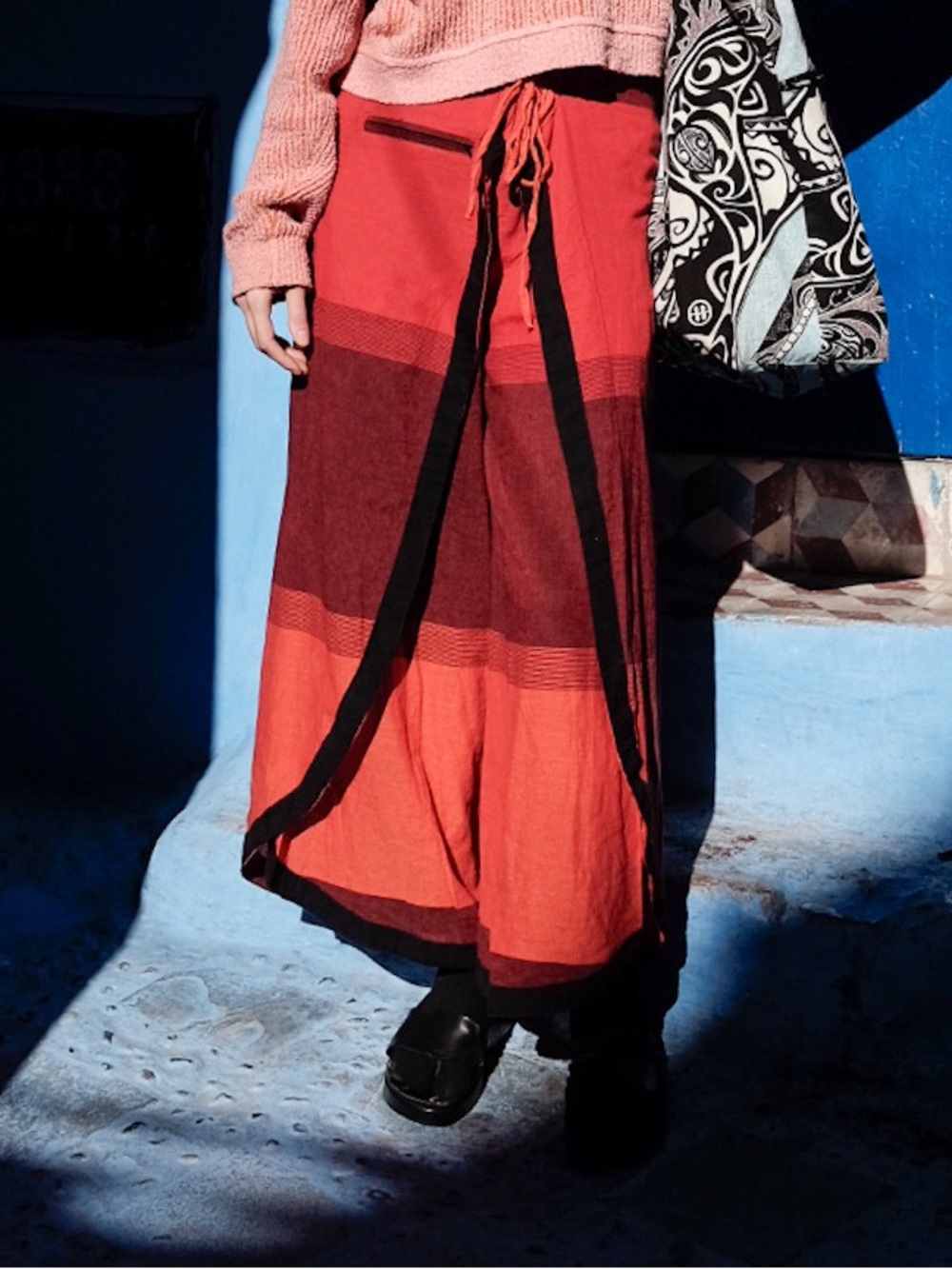 Red Orange Layered Maxi Skirt with Black Trim
